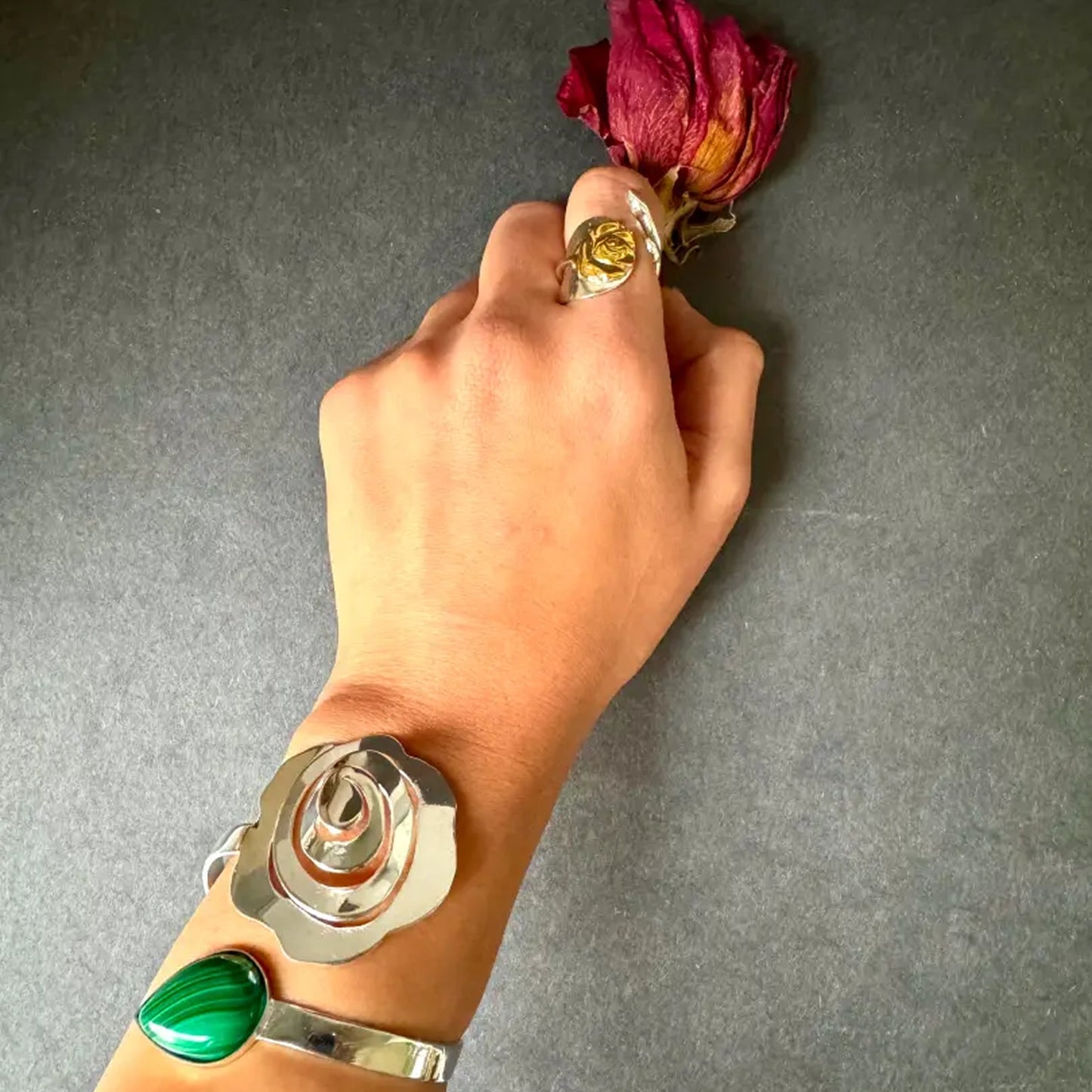 Roselle floral cuff handcrafted in recycled brass or sterling silver, available in 22k gold, rhodium, or mixed finish – sustainable designer jewelry by Samdisha Bagga