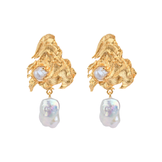 Handcrafted Haiku Stud Earrings with Baroque Pearls in 22k Gold Plating by Samdisha Bagga