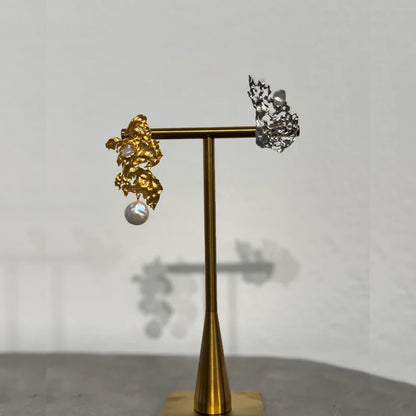 Haiku Drops handcrafted asymmetric earrings in recycled brass with Baroque pearls, available in 22K gold plated and silver rhodium finish