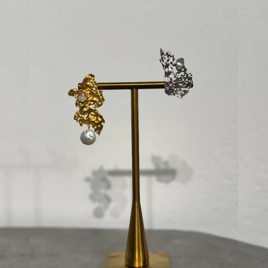 Haiku Drops handcrafted asymmetric earrings in recycled brass with Baroque pearls, available in 22K gold plated and silver rhodium finish