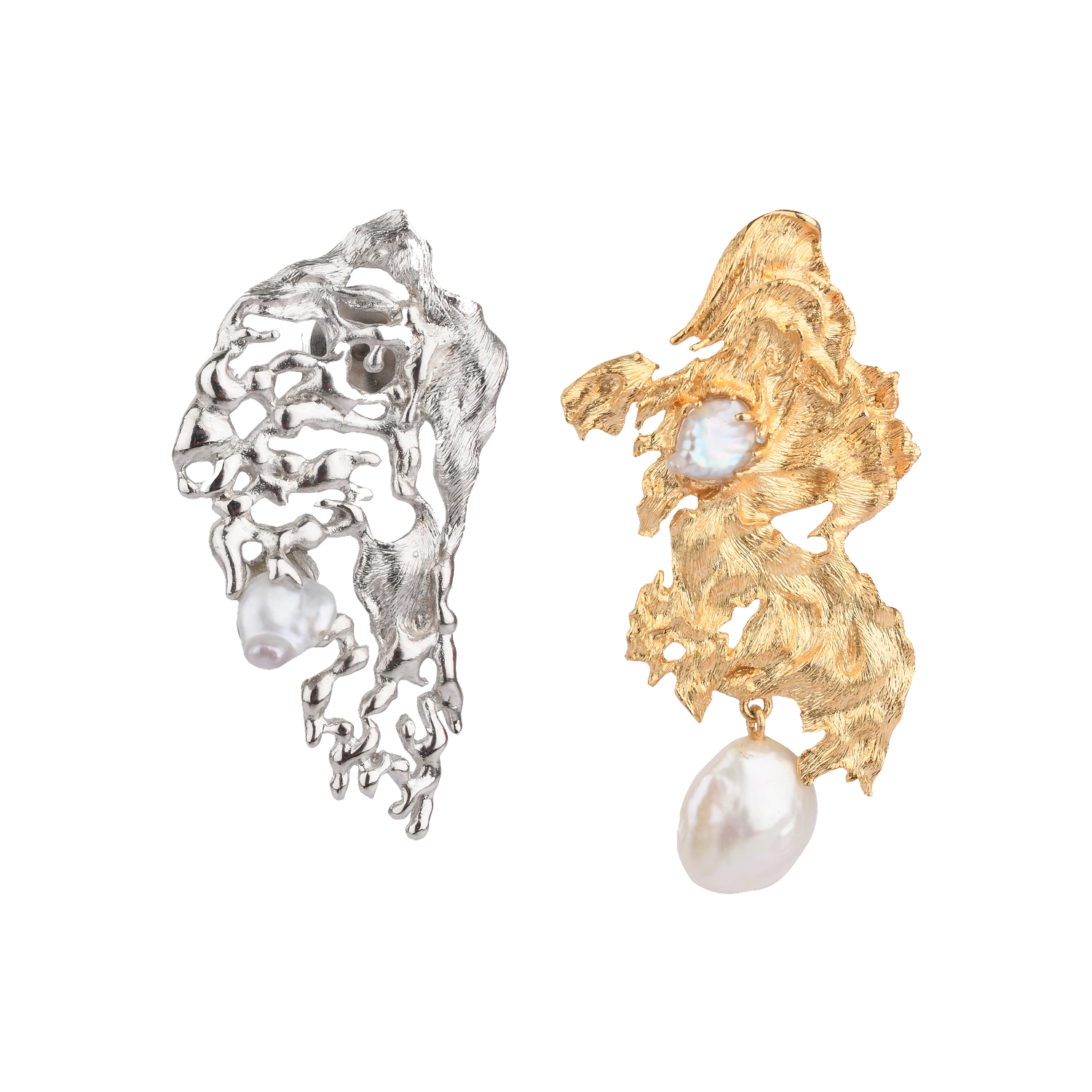 Haiku Drops handcrafted asymmetric earrings in recycled brass with Baroque pearls, available in 22K gold plated and silver rhodium finish