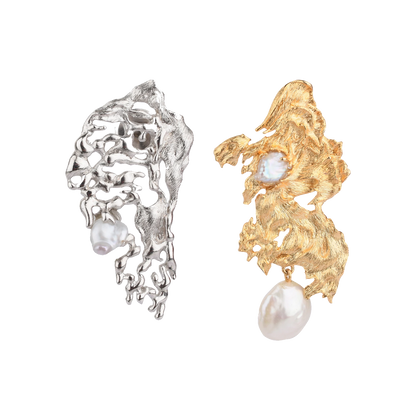 Haiku Drops handcrafted asymmetric earrings in recycled brass with Baroque pearls, available in 22K gold plated and silver rhodium finish