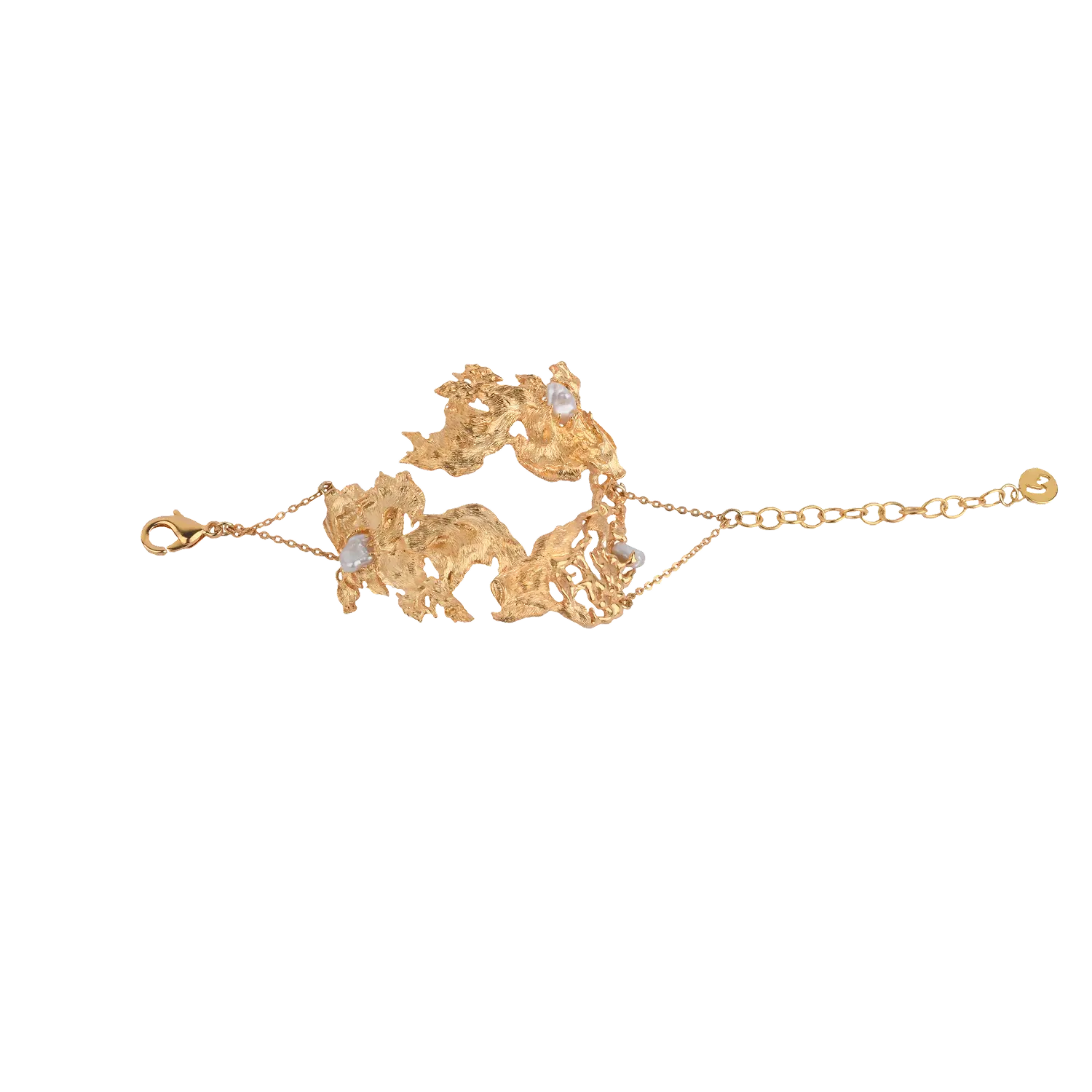 Handcrafted 22k gold-plated brass Lyric Cuff featuring a Baroque Pearl – organic sculptural statement bracelet designed by Samdisha Bagga