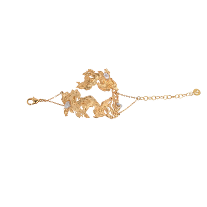 Handcrafted 22k gold-plated brass Lyric Cuff featuring a Baroque Pearl – organic sculptural statement bracelet designed by Samdisha Bagga