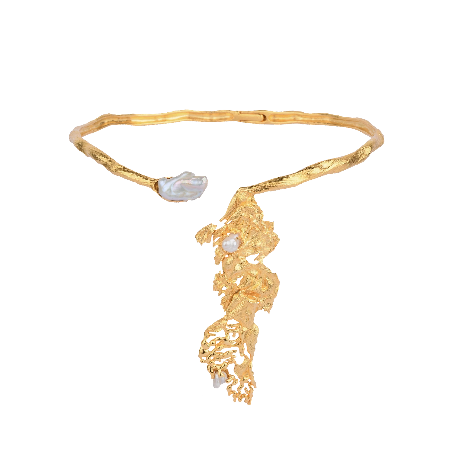 Rhyme Collar handcrafted in recycled brass with a large organic pendant, available in 22K gold or silver rhodium finish, shown against a neutral backdrop