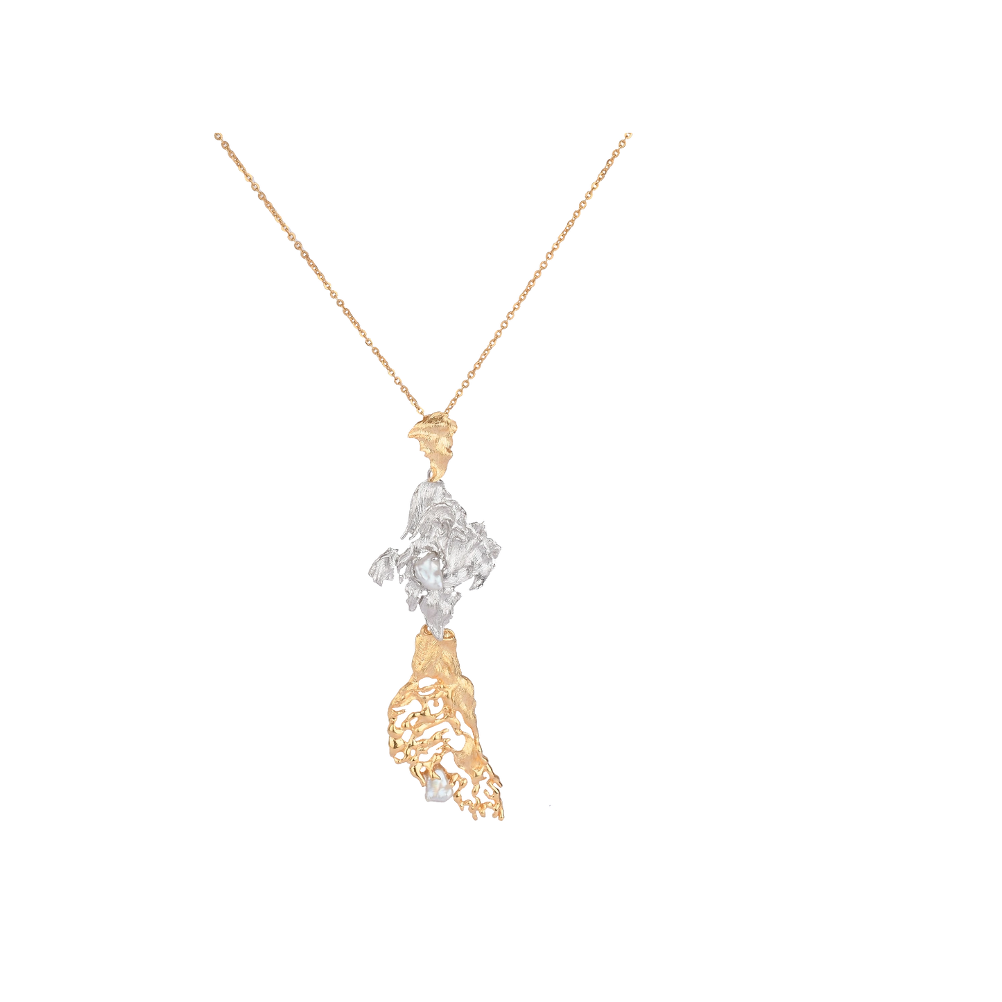 Rhythme pendant in dual finish with baroque pearl – handcrafted in recycled brass