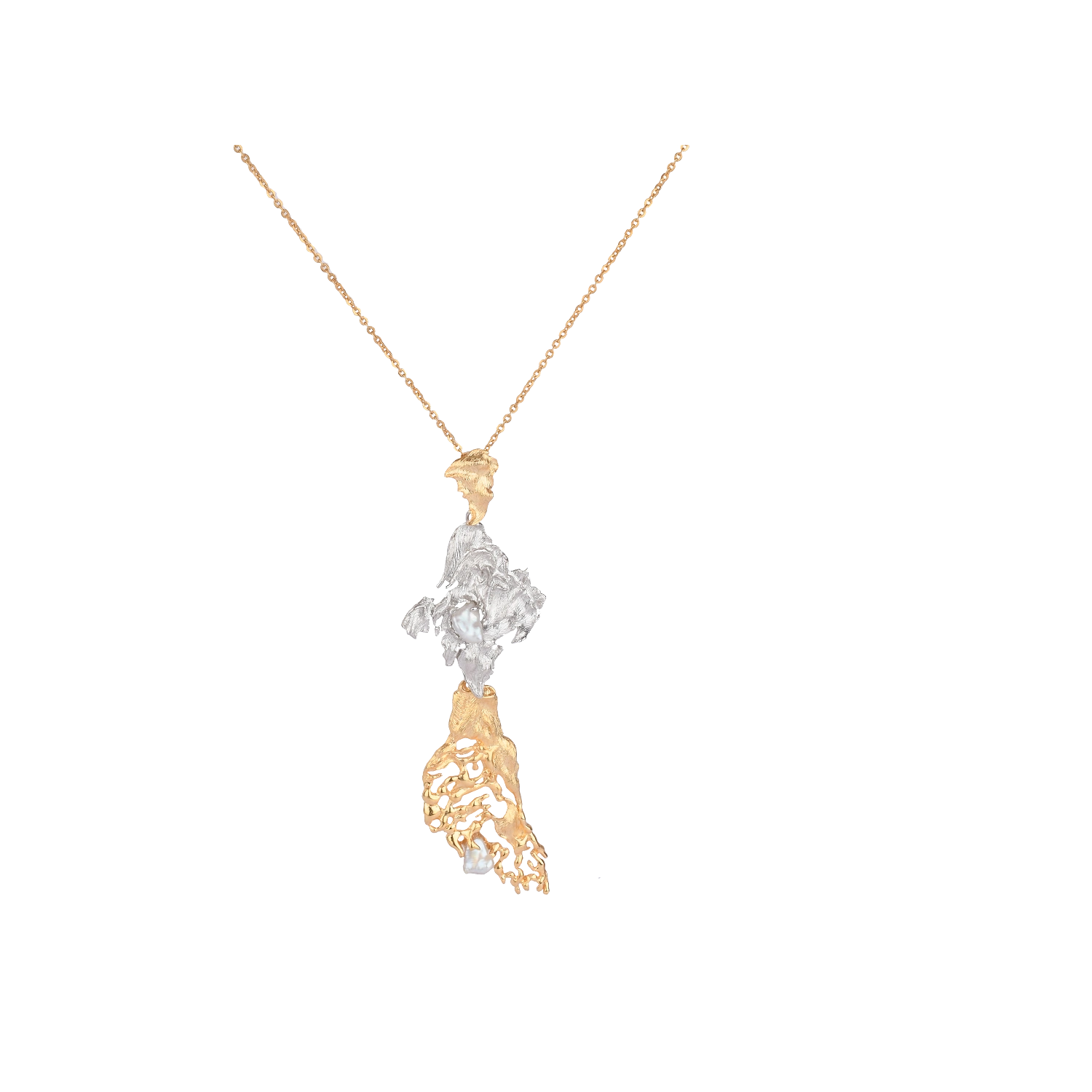 Rhythme pendant in dual finish with baroque pearl – handcrafted in recycled brass