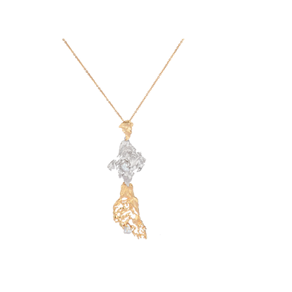 Rhythme pendant in dual finish with baroque pearl – handcrafted in recycled brass